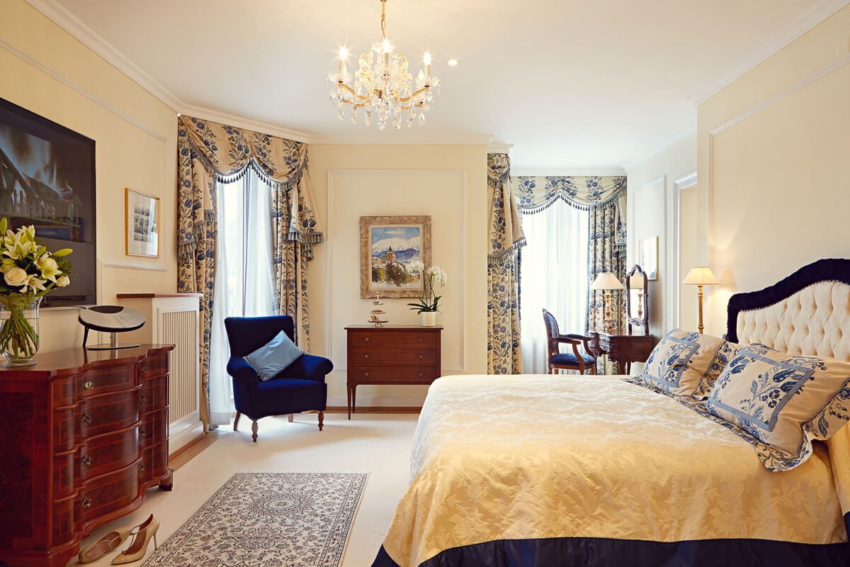 Grand suite bedroom at the five star hotel in St. Mortiz, Badrutt's Palace