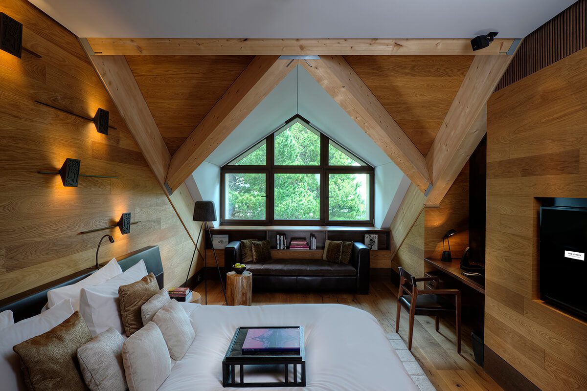 Luxury suite at the five star Chedi hotel in the Swiss alpine village of Andermatt