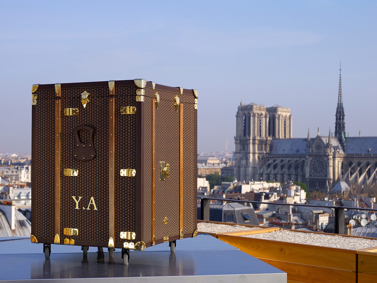 Moynat trunk pictured in Paris in front of the Notre Dame
