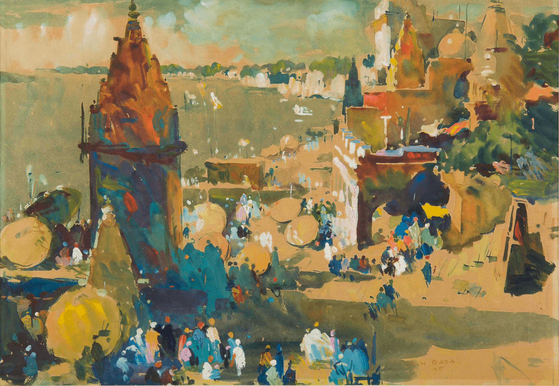 Abstract painting of a coastal town by Indian modernist painter S.H.Raza