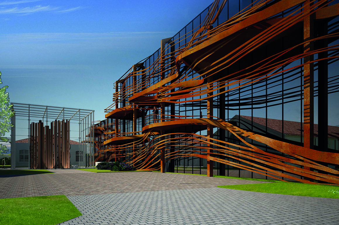 contemporary facade of brass curving lines