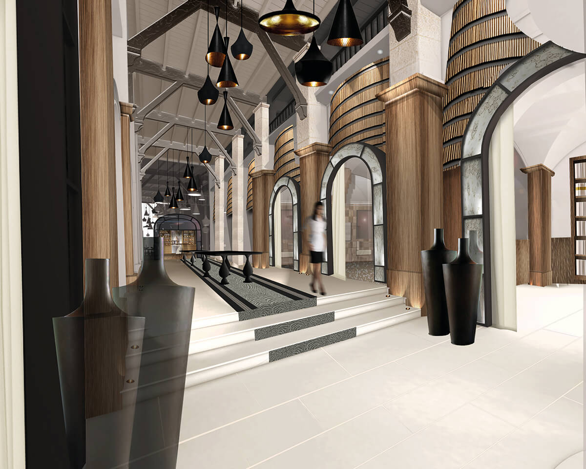 Luxury interiors depicting a marble and wooden hallway with hanging contemporary lights