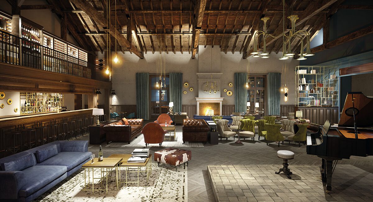 grand interiors of a luxury sitting room with wood panelled ceilings, sofas, chairs, a fireplace and soft lighting