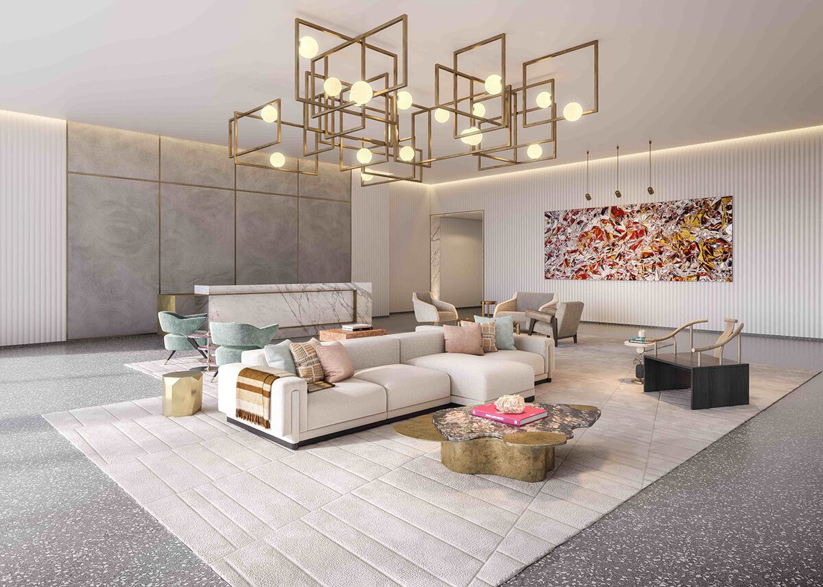 Smart contemporary lobby area with cream sofas and modern light fitting