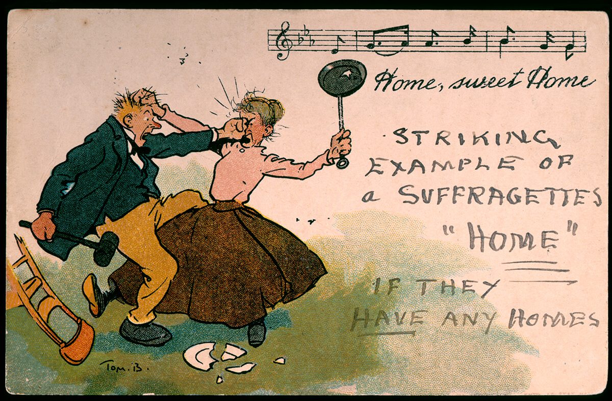 Suffragette postcard depicting a man and woman fighting in a garden with the woman holding a frying pan as a weapon annotated with an anti-suffrage message