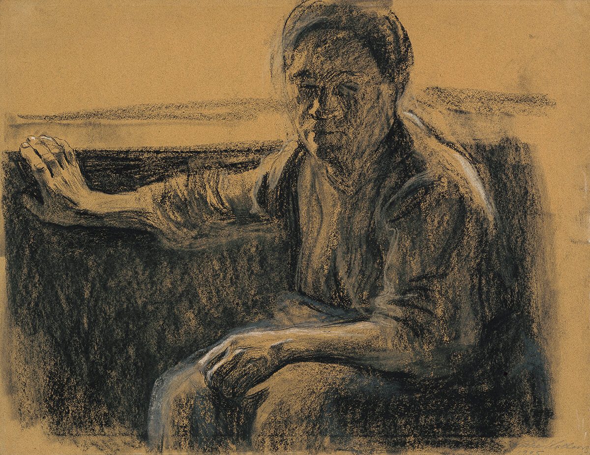 Charcoal drawing of a woman seated on a bench by Käthe Kollwitz