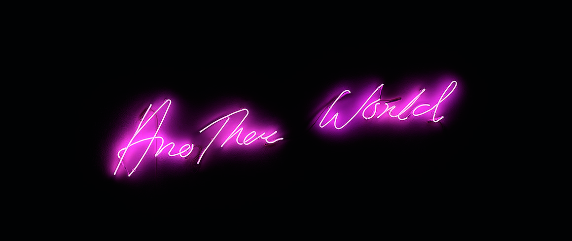 Neon pink lights spelling Another World in Italics