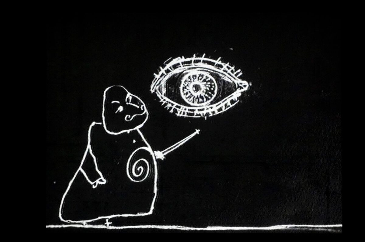 chalk drawing of a bald man waving a sword at an eye floating in the sky