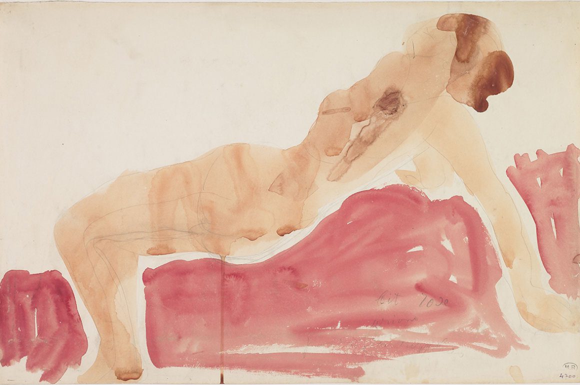 Watercolour drawing of a nude woman in bridge pose by French artist and sculptor Rodin