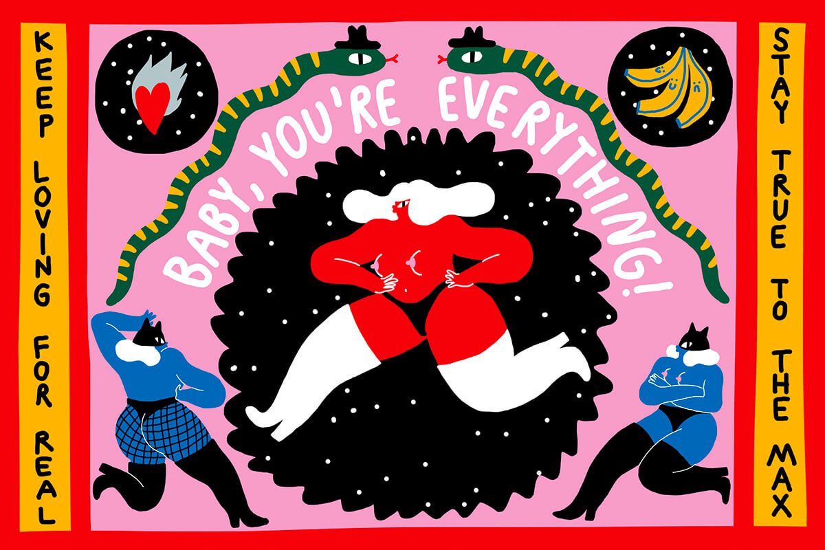 vibrant illustration of a woman running in thigh-high boots, captioned Baby you're everything!