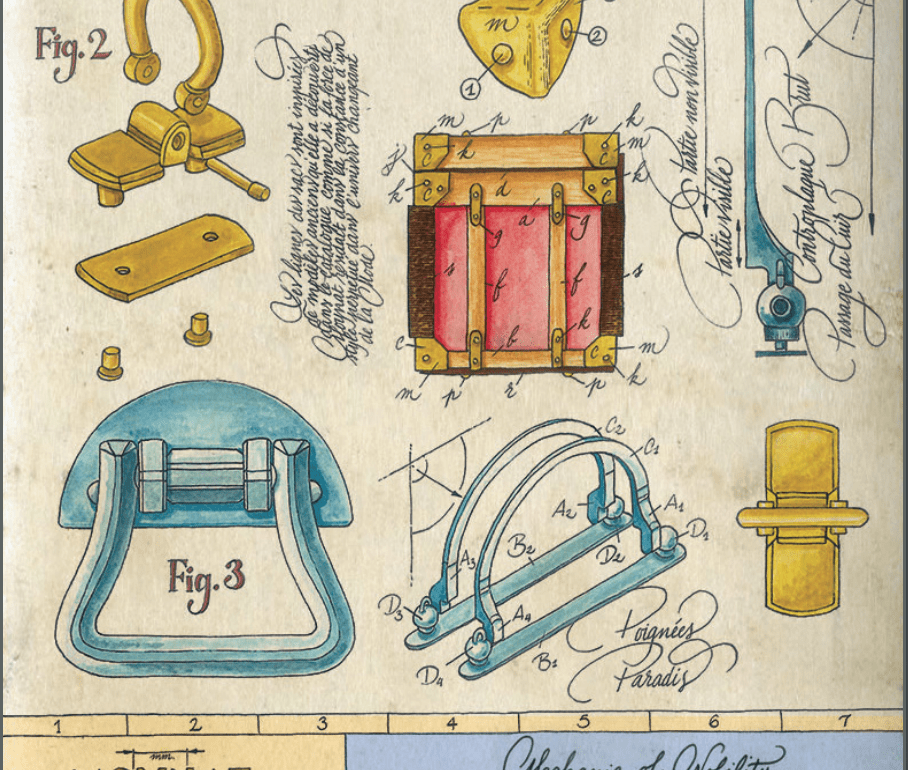 Watercolour design sketches of buckles and clasp fittings by luxury brand Moynat