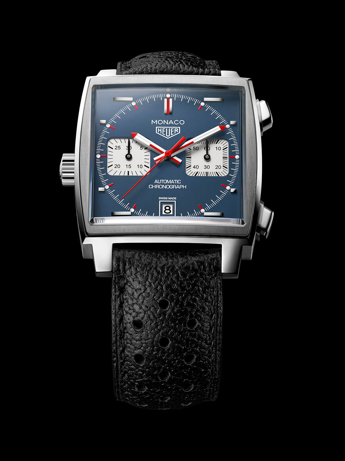 Classic style watch with black strap and silver square face