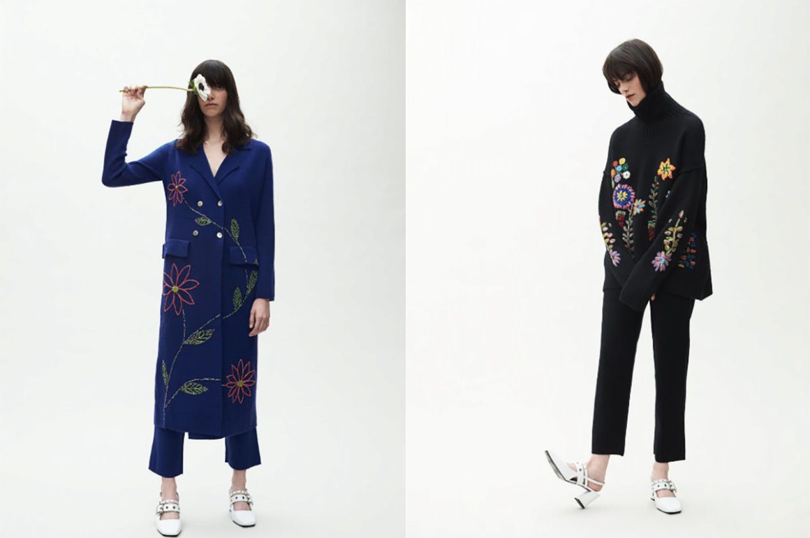 Fashion look book with two images of models wearing suits and white heels