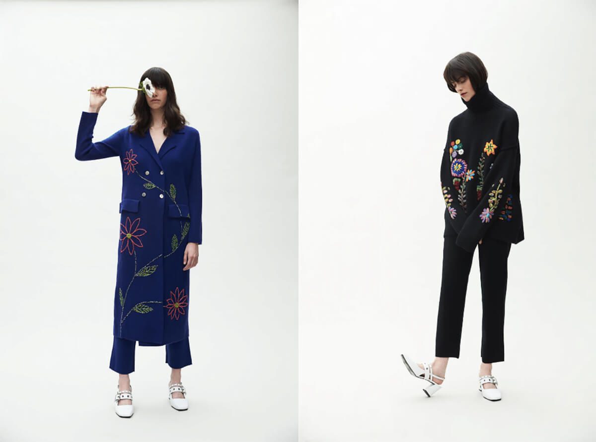 Fashion look book with two images of models wearing suits and white heels