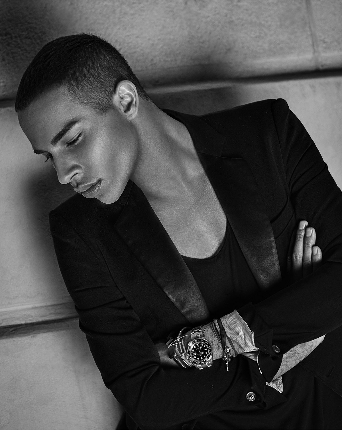 Black and white portrait of Balmain designer Olivier Rousteing