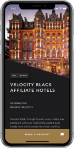 Velocity Black app showing hotel booking service