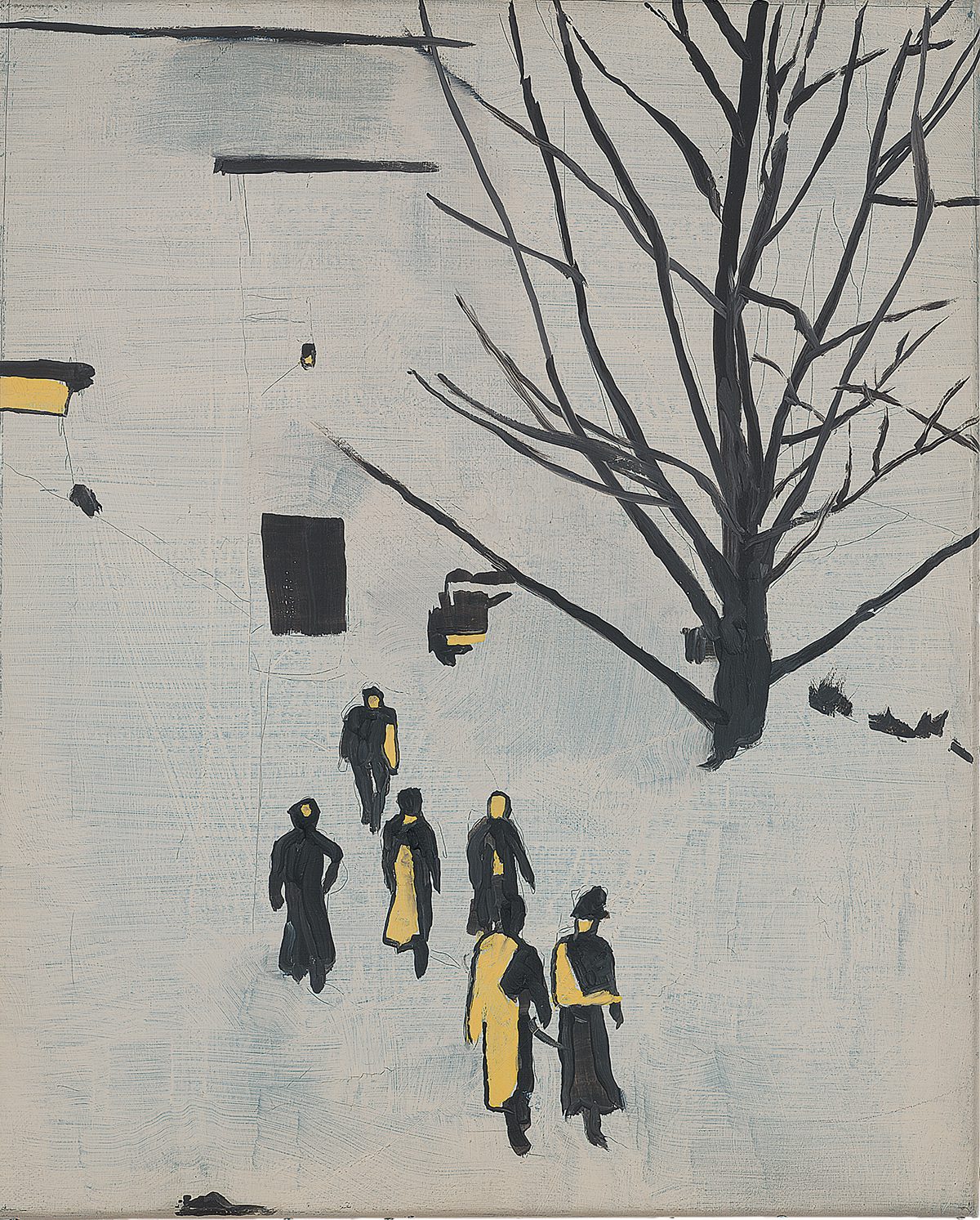 Atmospheric painting of people walking with a tree to the right