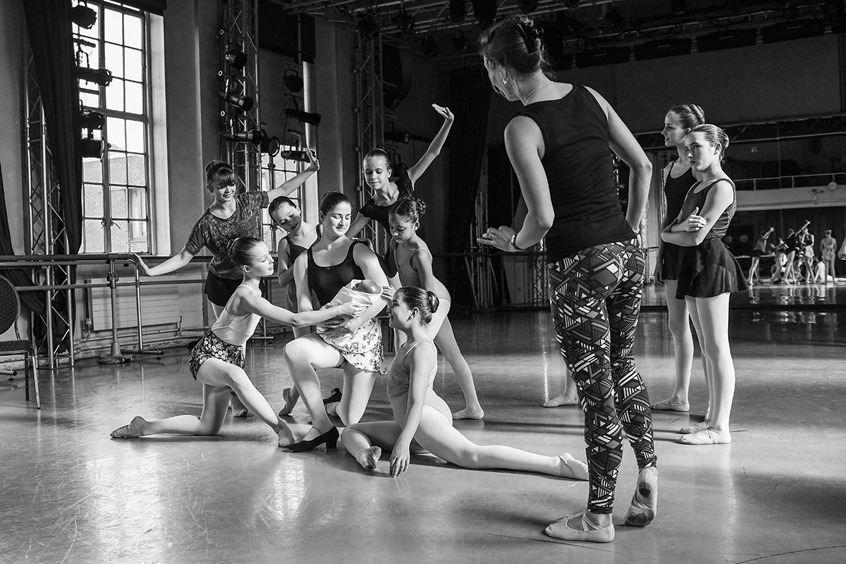 In the rehearsal ballet studio with children dancers