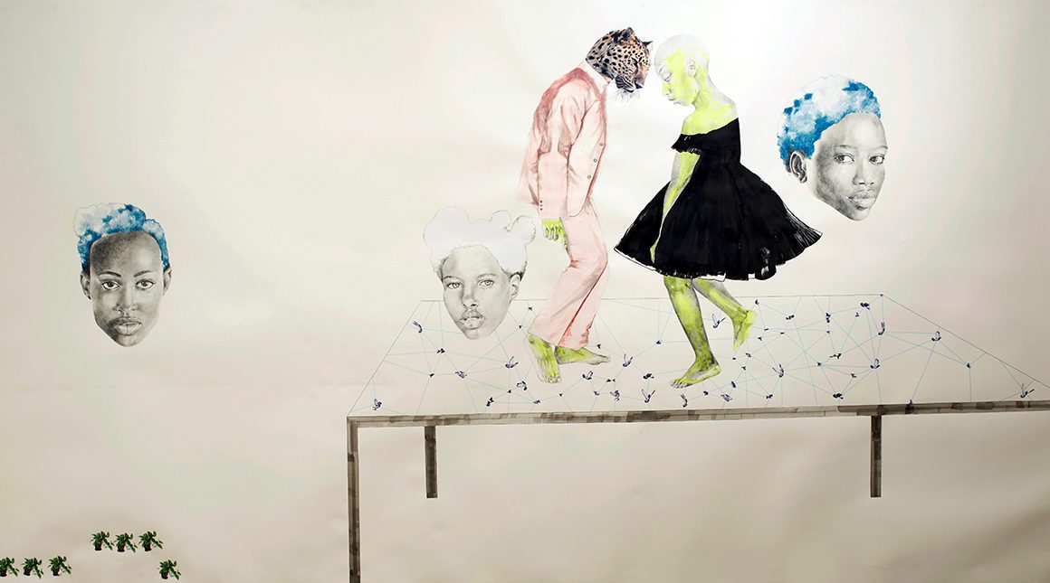 Large horizontal drawing of hybrid characters dancing on a table