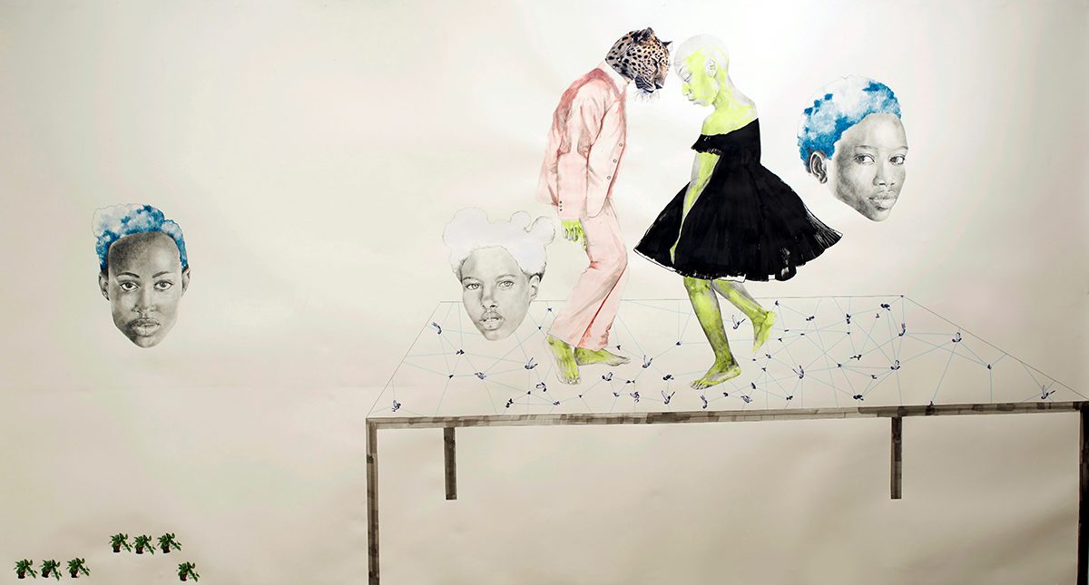 Large horizontal drawing of hybrid characters dancing on a table