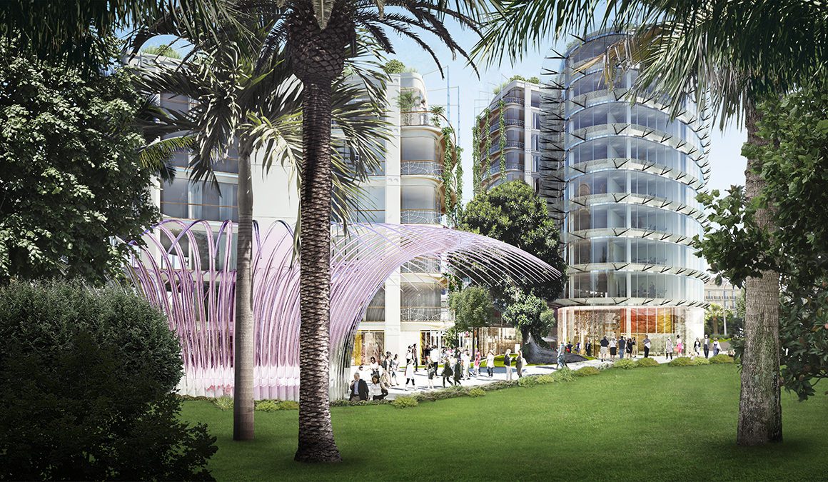 Architectural render of a public space and contemporary apartment buildings