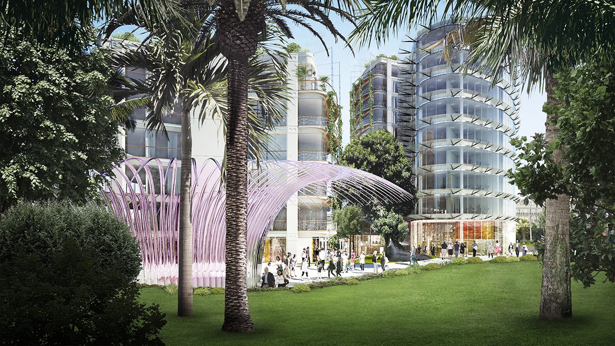 Architectural render of a public space and contemporary apartment buildings
