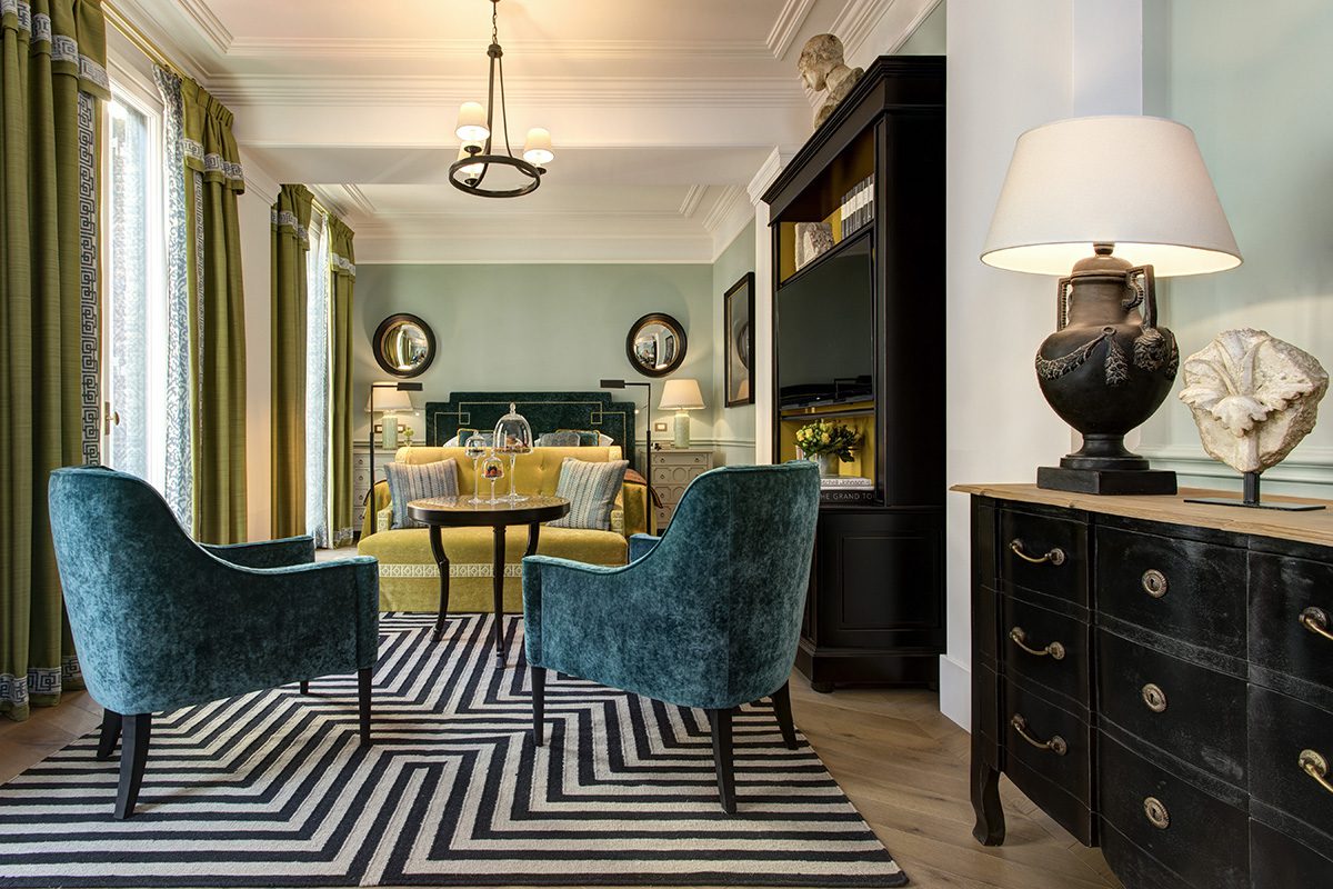 Luxury hotel suite with contemporary luxe furnishings
