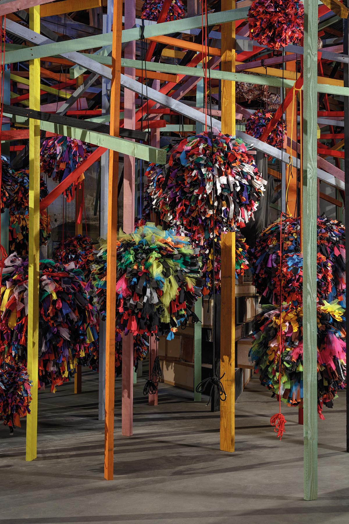 Close up shot of pom pom art installation