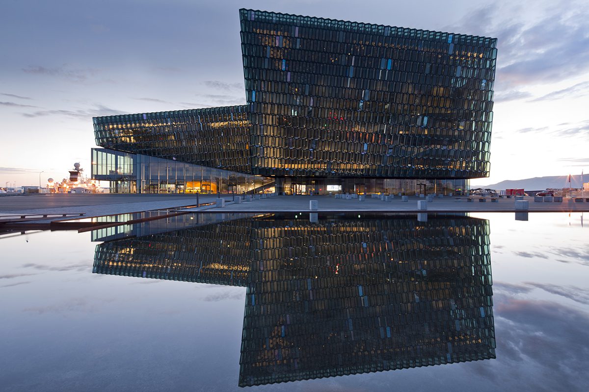Architectural facade of the landmark Harpa building on the lake's edge in Reykjavík