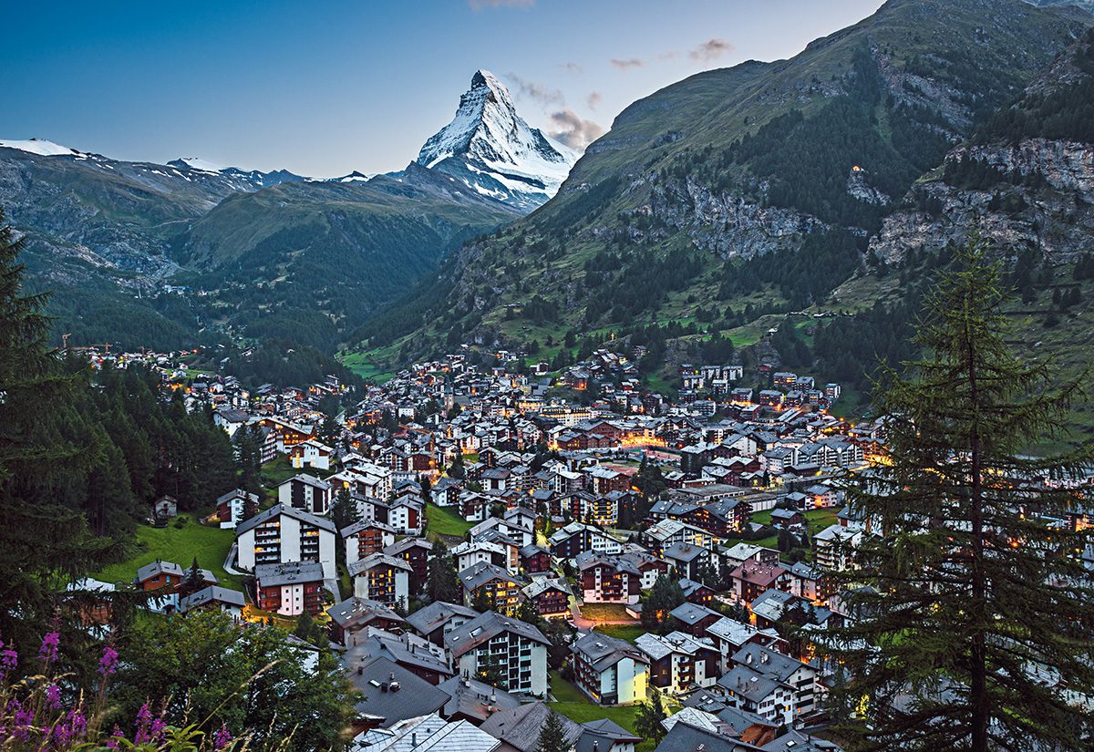 City of zermatt with the matterhorn mountain in the distance