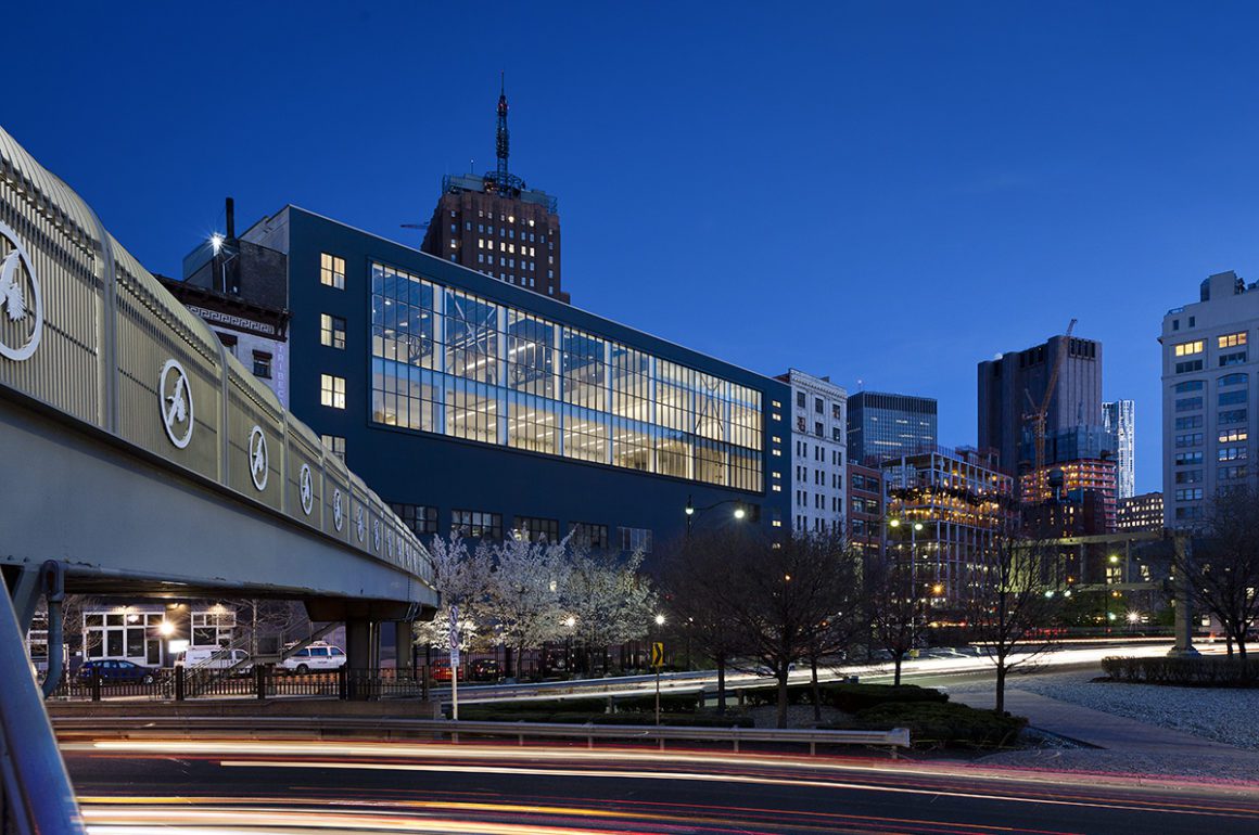 Facade of a contemporary building at night