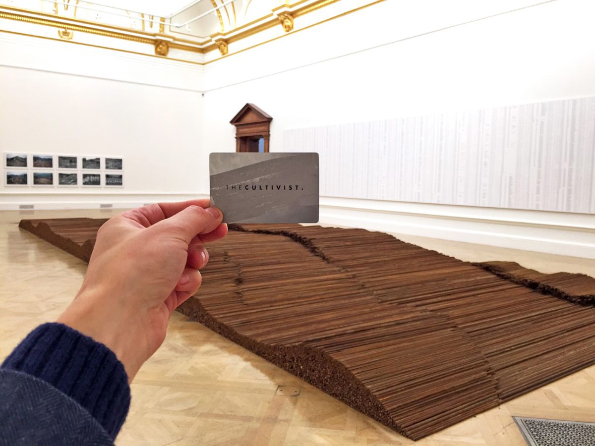 A hand holding a membership card in front of an artwork