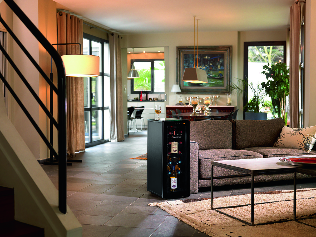 Wine storage cabinet shown in living room
