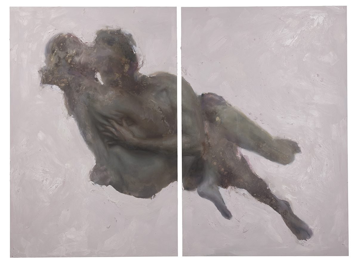 Painting of figures embracing against pink background