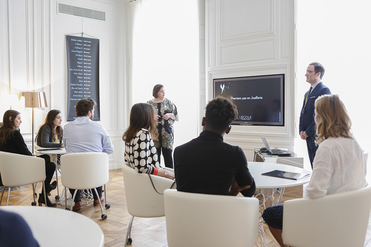 Classroom set up with students sitting at round tables