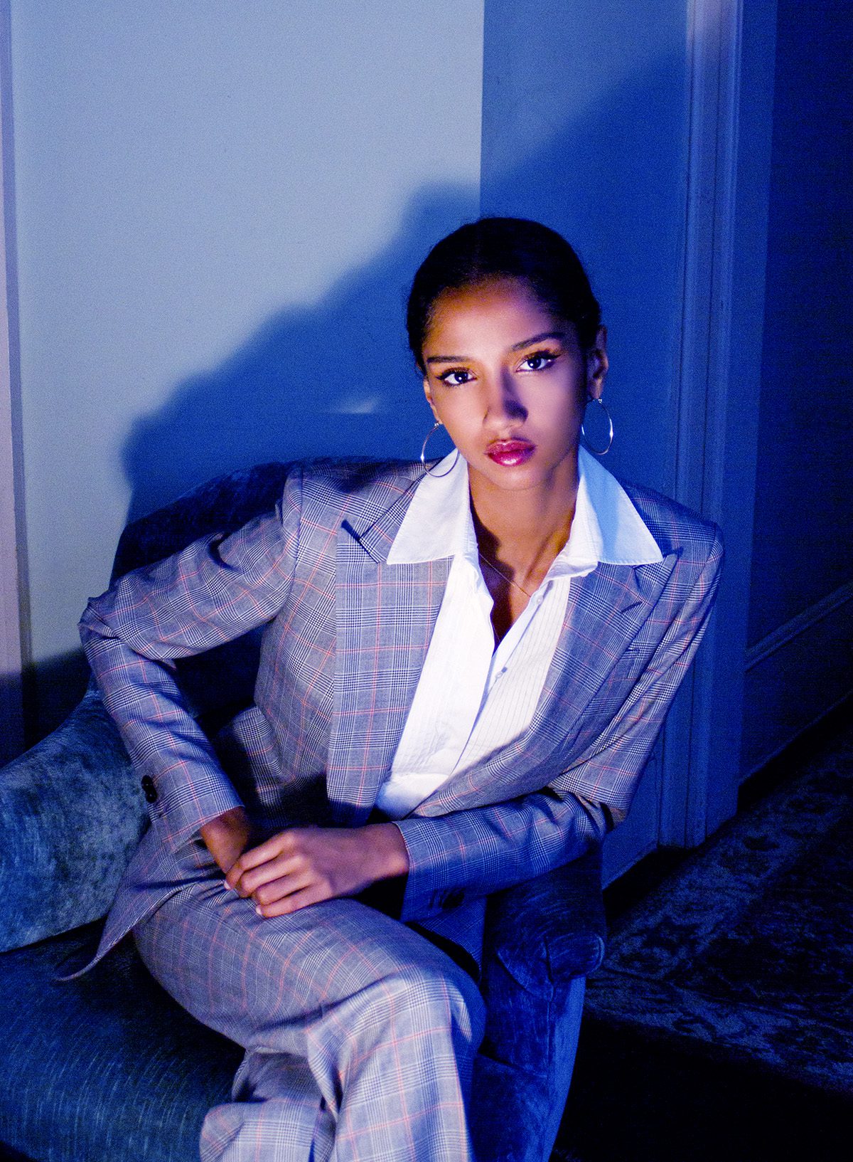 Model wearing tailored suit and shirt