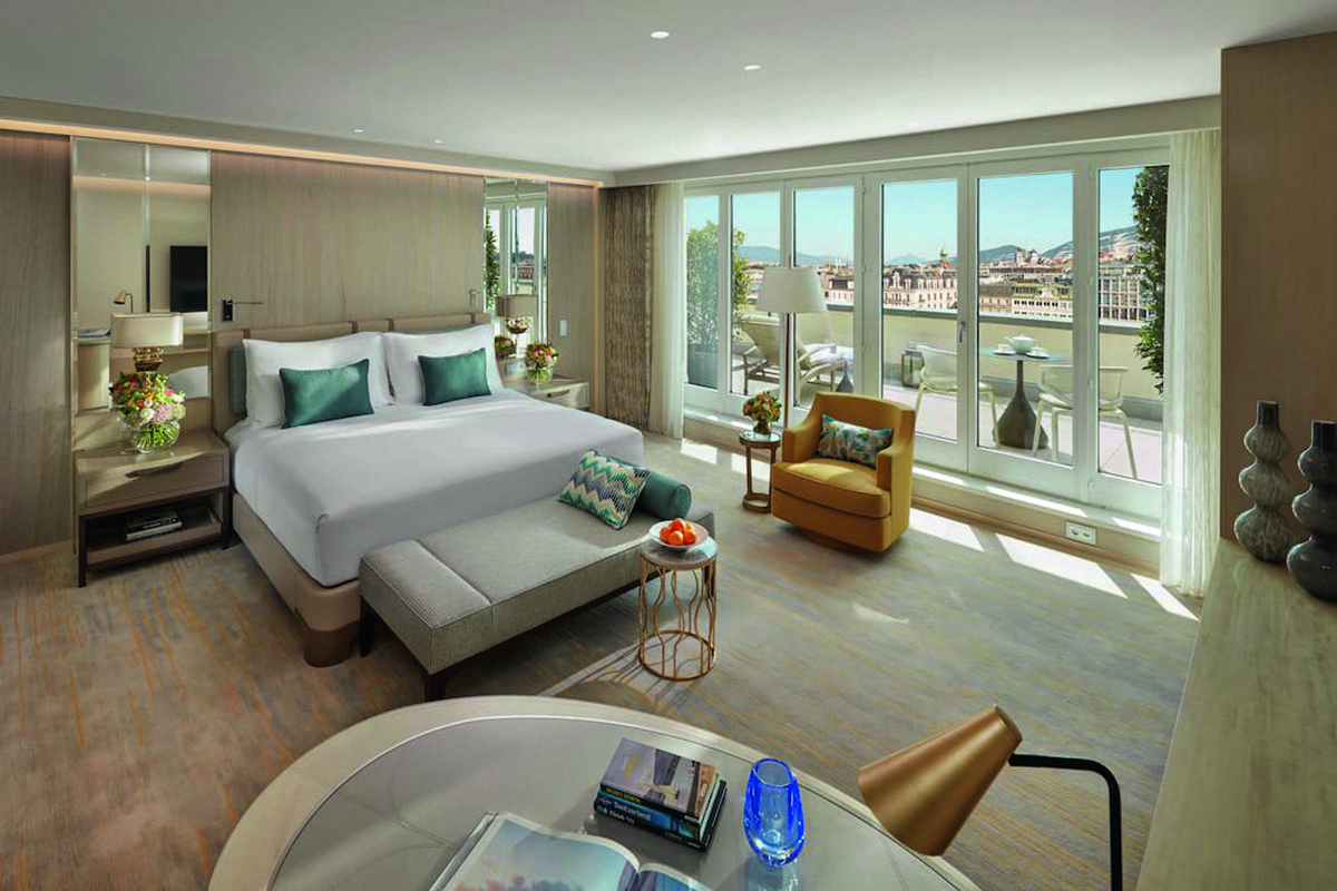 hotel bedroom with views over a river