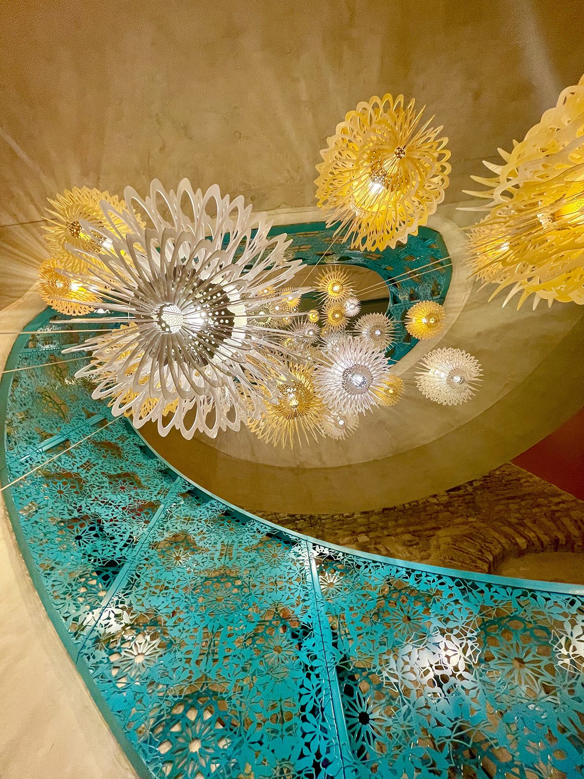 light fixtures hanging in stairway