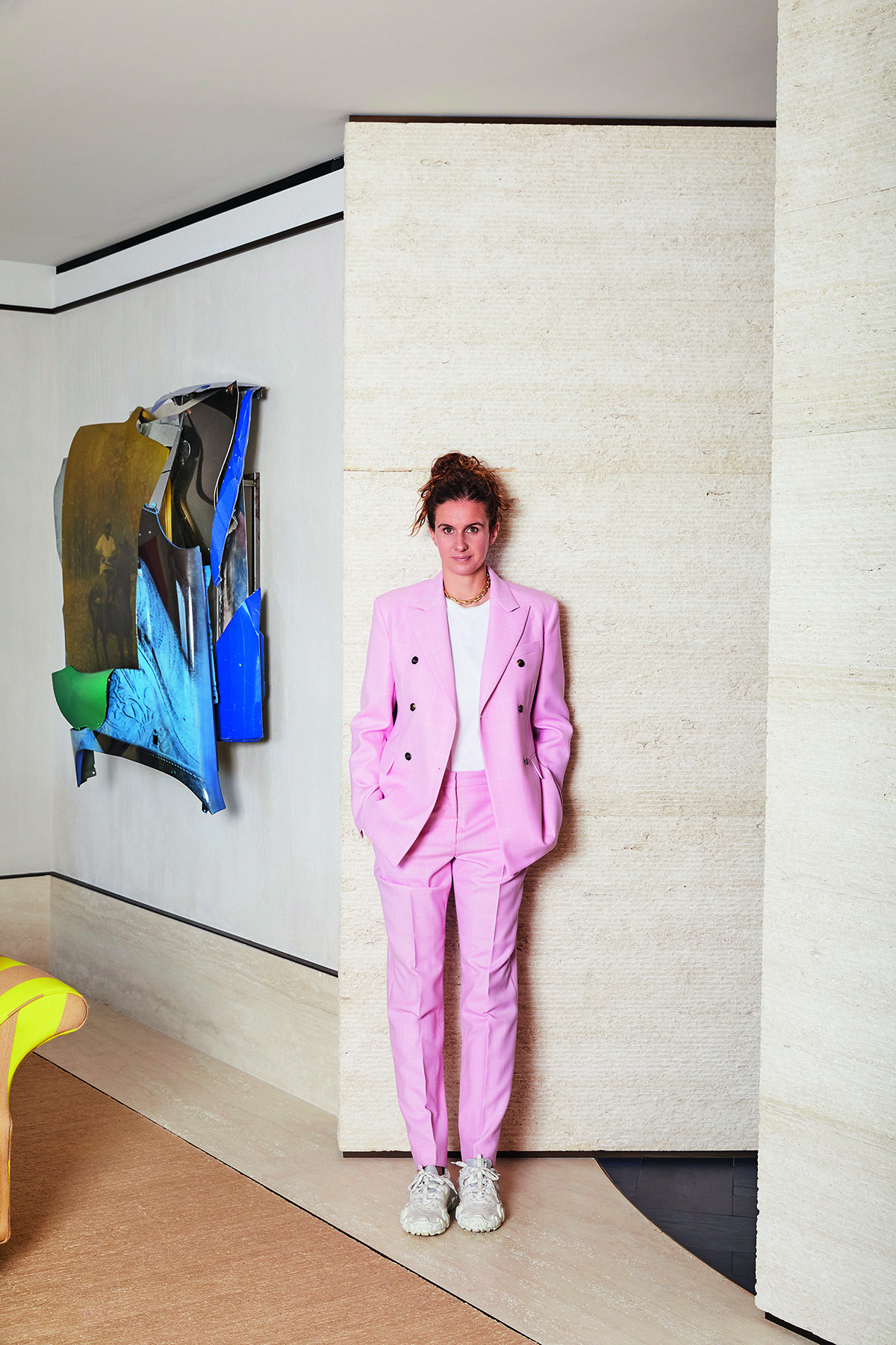 woman wearing pink suit