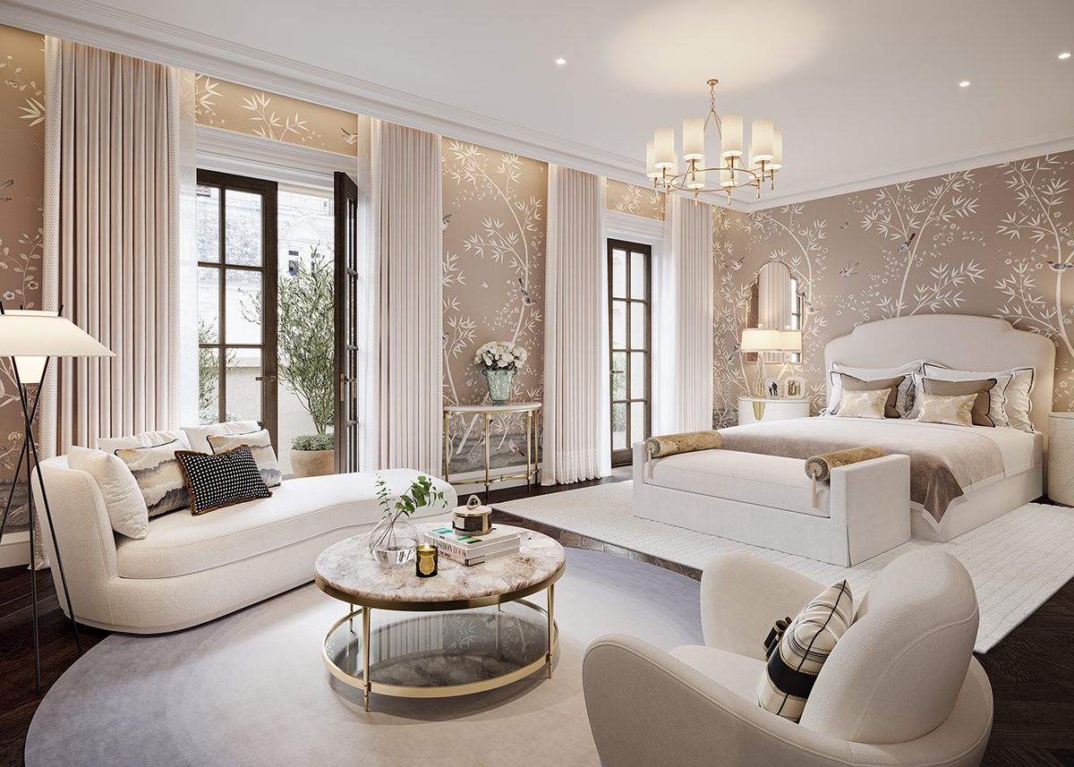 a bedroom with white sofas