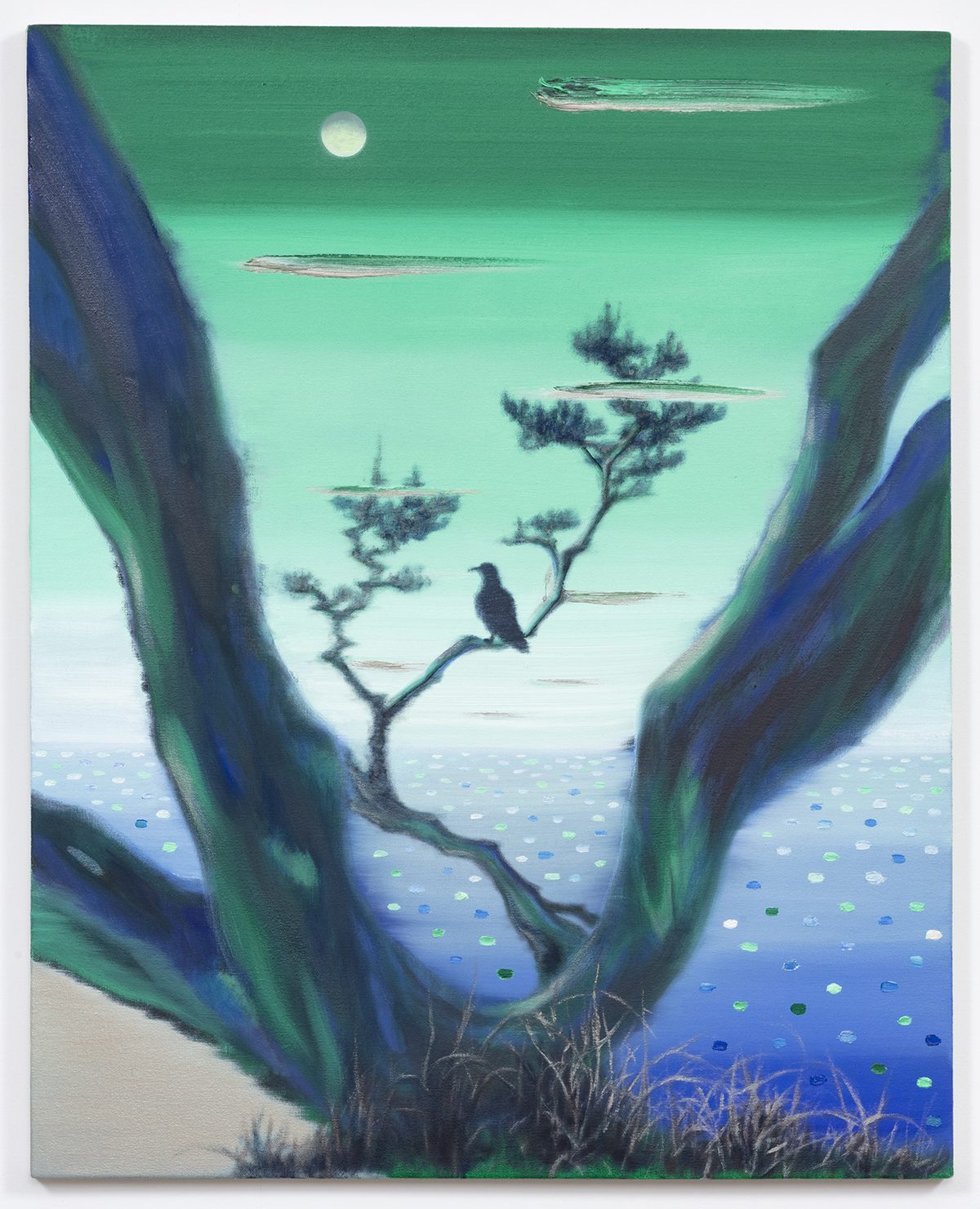 green painting of a a tree and the sky 