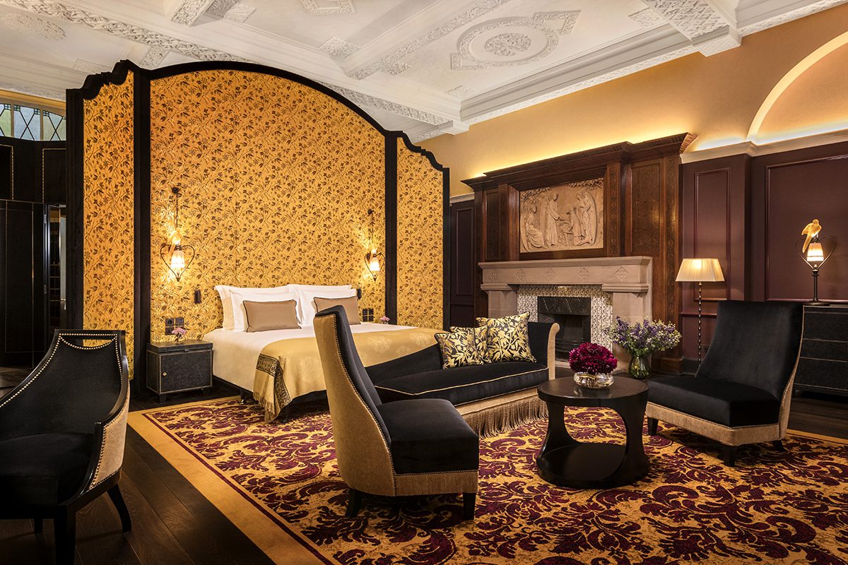 A gold and black bedroom