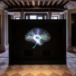 A blue purple and green lit up brain on a black screen