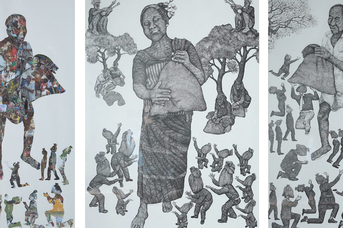 Three grey and blue oriental style paintings side by side
