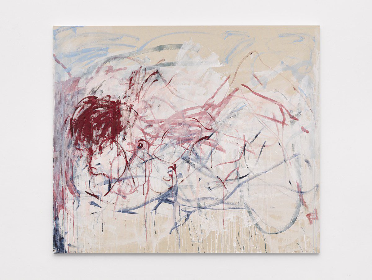 A painting of a red blue and white scribble