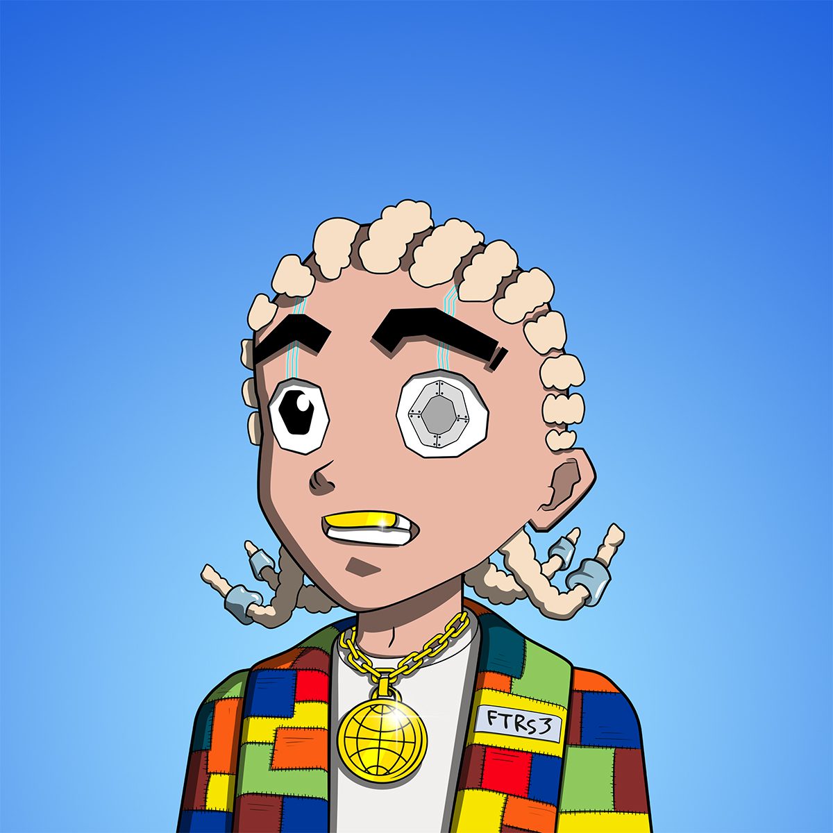 A cartoon of a man with one screw eye, wearing a multicoloured jacket, a gold necklace and blonde braids 