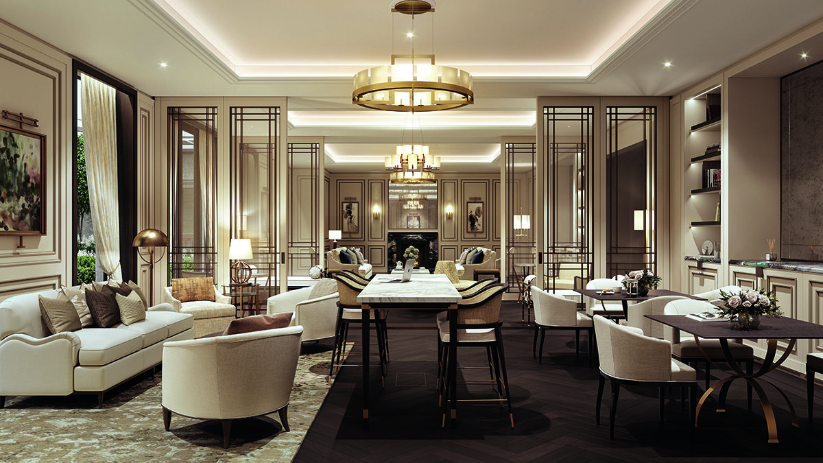 A lounge with wooden floors and cream chairs and sofas 
