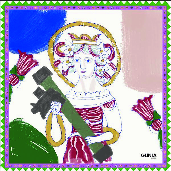A painting of a woman in a pink dress holding a green javelin