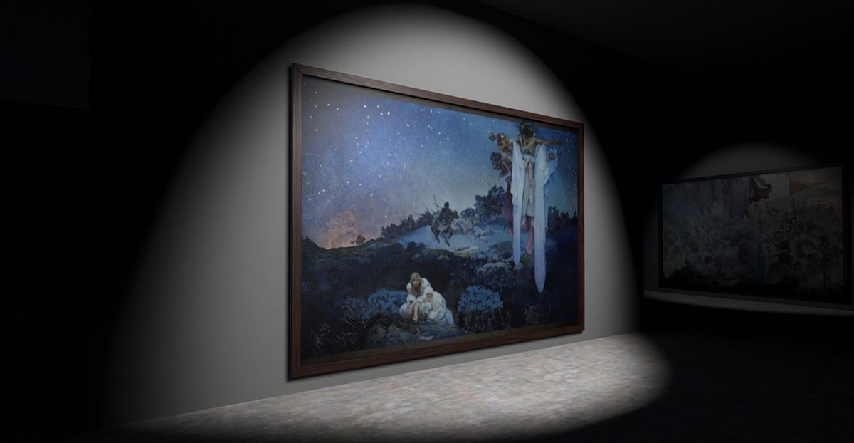 A blue painting of a woman holding her child on the ground