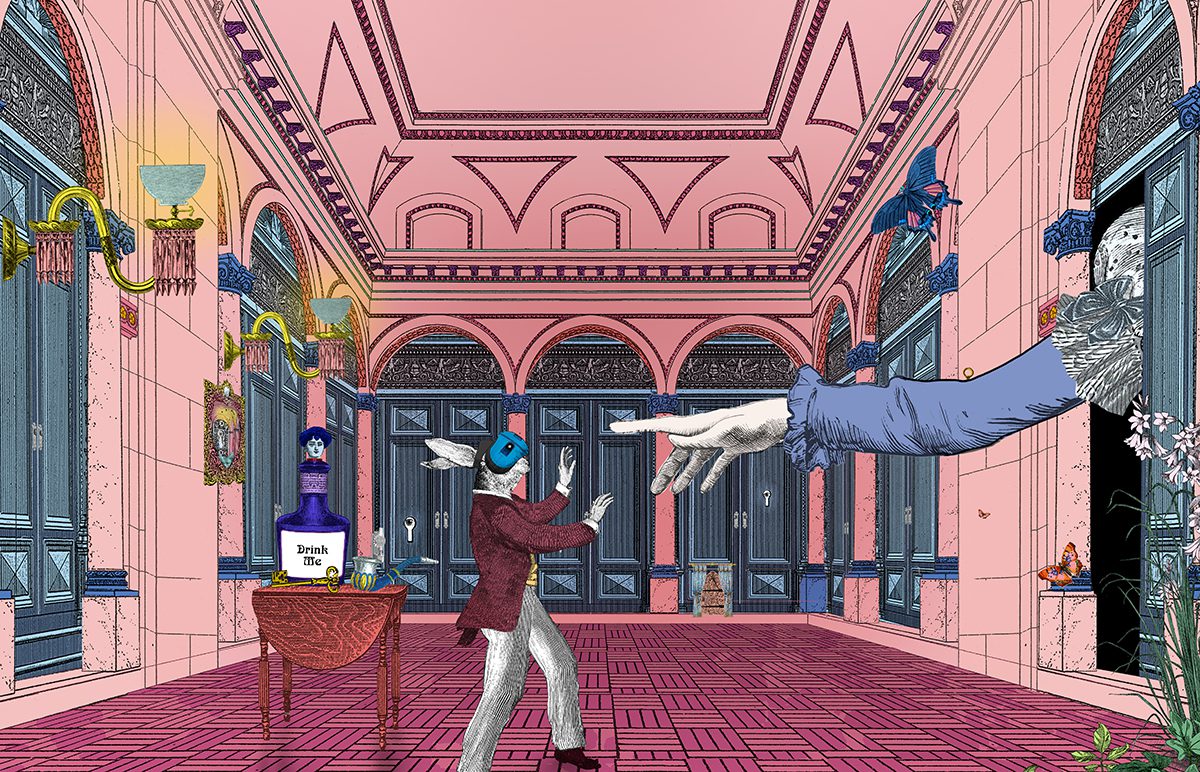 A cartoon of a rabbit in a pink room with a blind fold and a hand coming out of the wall pointing at it